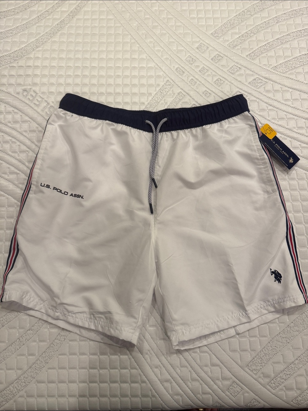 U.S. Polo Assn. White Swim Trunks with Navy Waistband and Stripe Detail